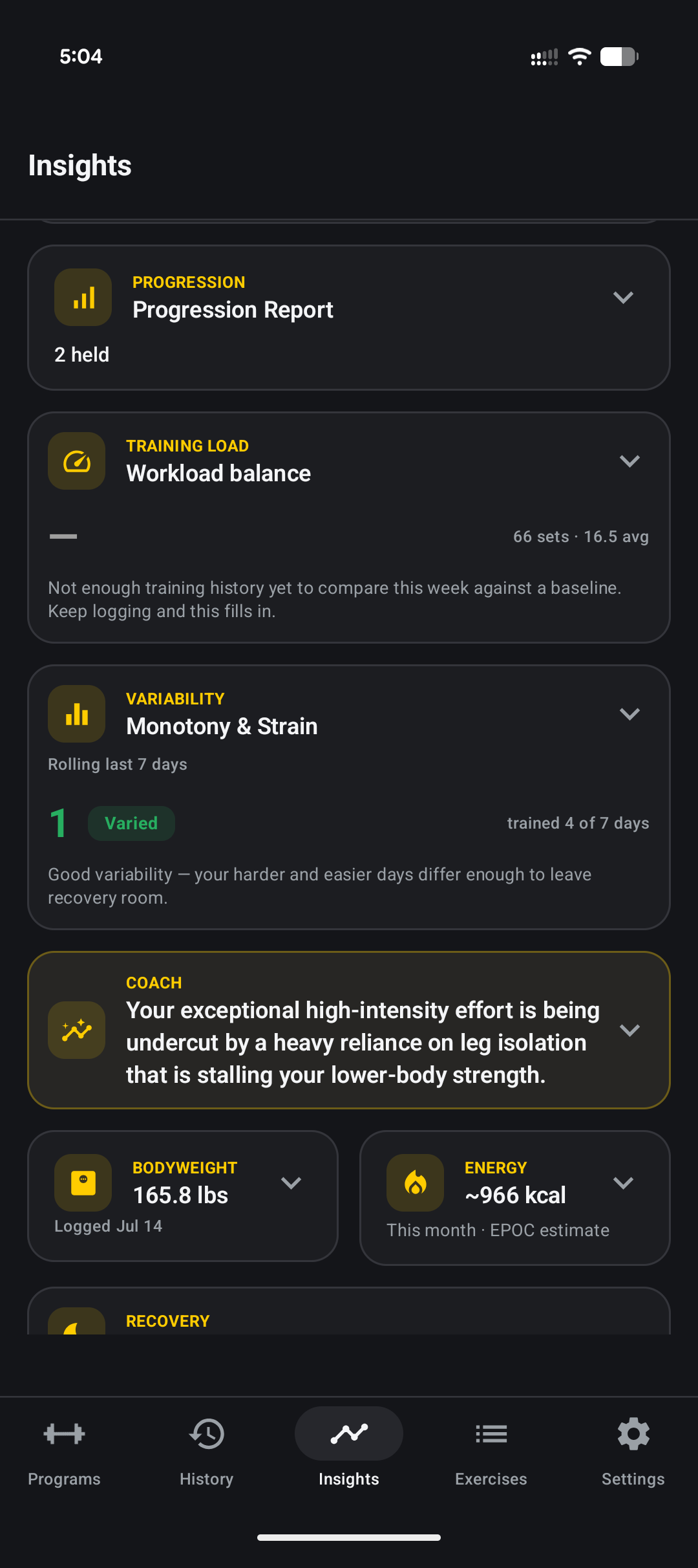 Loadex Coach insight card noting that heavy reliance on leg isolation is stalling lower-body strength progress
